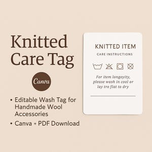Gestrickte Pflegeanleitungs-Karte | Bearbeitbares Wash Tag für handgemachte Wollaccessoires | Leinwand + PDF Download
