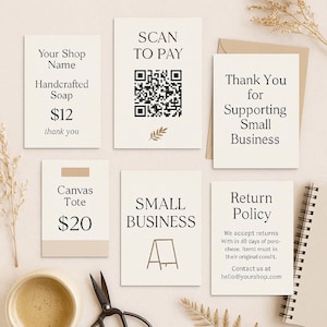 Könnte beinhalten: Eine Sammlung cremefarbener Karten mit Text, darunter "Your Shop Name", "Handcrafted Soap", "Canvas Tote", "Small Business" und "Return Policy". Ein QR-Code für die Zahlung wird ebenfalls angezeigt. Eine Tasse Kaffee, eine Schere und ein Notizbuch sind ebenfalls sichtbar.