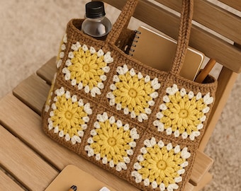 Boho Crochet Granny Square Tote Bag: Handmade Cotton Market Shoulder Bag