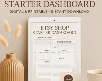 Może przedstawiać: Cyfrowy panel startowy Etsy Shop wyświetlany na tablecie. Ekran pokazuje planowanie produktów, panel sprzedaży, cele i sekcje notatek. Widoczny jest tekst "DIGITAL & PRINTABLE • INSTANT DOWNLOAD". Widoczna jest również ikona Canva PDF.