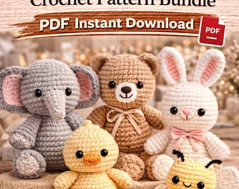 5-in-1 Amigurumi Crochet Pattern Bundle | Plush Animal PDF Download | Beginner Friendly