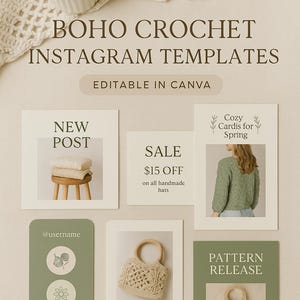 Boho Crochet Instagram Templates | Editable Canva Kit for Yarn Artists & Makers