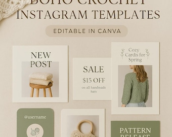 Boho Crochet Instagram Templates | Editable Canva Kit for Yarn Artists & Makers