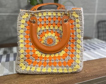 Boho Tasche Oma quadratisch – Handgemachte häkeln Orange Gelb Tote – Retro Festival Schultertasche