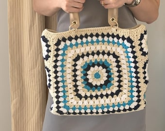 Handmade Granny Square Tote – Boho Crochet Bag – Colorful Retro Shoulder Purse