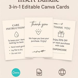 Pacote de Cartões de Encarte Artesanais – Etiqueta de Cuidados, Cartão de Agradecimento e Cartão de Desconto | Modelos Editáveis Canva + PDF Imprimível para Embalagem