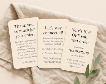 May include: A promotional kit for small businesses, featuring editable Canva templates. The image displays three cards with text: "Thank you so much for your order!", "Let's stay connected!", and "Here's 10% OFF your next order". A sprig of green leaves rests on a beige linen cloth.