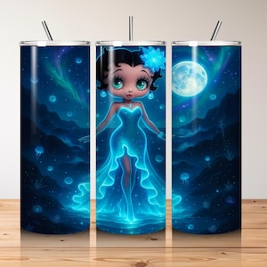 3D Cute Betty Blue Neon Sea Tumbler Wrap, Betty Tumbler Wrap Sublimation Design PNG, 20oz Skinny Straight & Tapered Love Tumbler Wrap