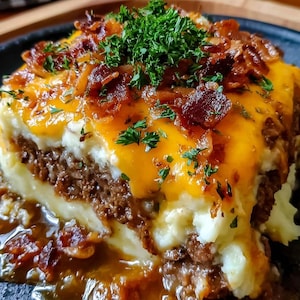 Könnte beinhalten: Eine Portion Shepherd's Pie auf einem dunklen Teller. Das Gericht besteht aus Schichten von Hackfleisch, Kartoffelpüree und geschmolzenem Cheddar-Käse, garniert mit knusprigem Speck und frischer Petersilie. Die Soße ist an den Rändern sichtbar.