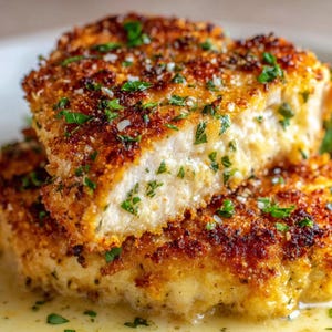 May include: Close-up of two pieces of breaded chicken cutlets, stacked on top of each other. The chicken has a golden-brown, crispy exterior and a tender, white interior. Garnished with fresh parsley and served with a creamy sauce.