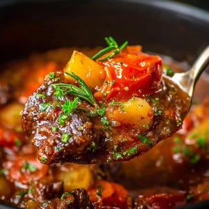 Op de afbeelding: Close-up van een lepel stevige stoofpot. De stoofpot bevat stukjes vlees, aardappelen en tomaten, met zichtbare kruiden. Het gerecht heeft een rijke bruine kleur, wat duidt op een smaakvolle bouillon. Een takje rozemarijn en gehakte peterselie garneren de stoofpot.