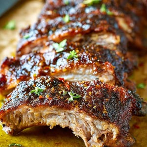 Könnte beinhalten: Nahaufnahme von gekochten Rippchen mit dunkler, glänzender Glasur. Die Rippchen sind in einzelne Stücke geschnitten und mit frischen Kräutern garniert. Das Fleisch ist zart und saftig, mit sichtbarer Marmorierung.