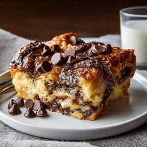 May include: A slice of chocolate chip bread pudding on a white plate. The bread pudding has a golden-brown crust and is topped with chocolate chips. A glass of milk is in the background.