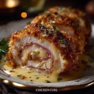 May include: A close-up of a sliced chicken dish, with a golden breadcrumb crust and a filling of ham and melted cheese. The dish is served on a plate with a creamy sauce and garnished with fresh herbs. The text "Home well Chicken Curl" is visible.