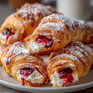 Peut inclure: Gros plan sur des croissants dorés garnis de crème et de confiture, saupoudrés de sucre glace. Les pâtisseries sont disposées sur une assiette blanche, révélant la garniture rouge et blanche. Une gourmandise.