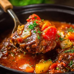 Könnte beinhalten: Nahaufnahme eines Löffels herzhaften Eintopfs. Der Eintopf enthält ein großes Stück geschmortes Fleisch, umgeben von Karotten-, Kartoffel- und Tomatenstücken in einer reichhaltigen, roten Sauce. Frische Petersilie garniert die Oberseite.