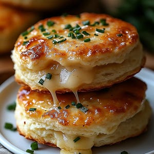 Puede incluir: Dos bizcochos dorados rellenos de queso derretido, adornados con cebollino picado, sobre un plato blanco. El queso se desborda entre las capas, creando una imagen apetitosa.