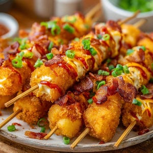 Könnte beinhalten: Gebratene Essensspieße mit goldbrauner Außenseite. Jeder Spieß ist mit Speck, Frühlingszwiebeln und einem Schuss roter Sauce belegt. Das Essen scheint eine herzhafte Vorspeise zu sein.