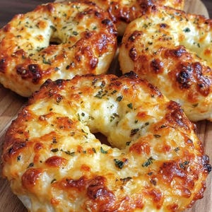 Könnte beinhalten: Vier goldbraune Bagels, belegt mit geschmolzenem Käse und Kräutern, auf einer Holzoberfläche angeordnet. Die Bagels haben eine knusprige Textur und ein herzhaftes Aussehen, ideal für einen Snack oder eine Mahlzeit.