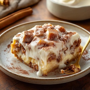 Könnte beinhalten: Ein Stück Dessert auf einem Teller. Das Dessert hat einen geschichteten Aufbau mit einer hellen Basis, einer dunkleren Mittelschicht und einem Belag aus gewürfelten Stücken und einer cremigen weißen Sauce. Kakaopulver ist darüber gestreut.