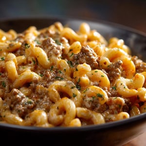 May include: A close-up shot of a bowl filled with macaroni and cheese, mixed with ground beef. The pasta is elbow-shaped and coated in a creamy, cheesy sauce. Sprinkled with fresh herbs, the dish is a hearty meal.