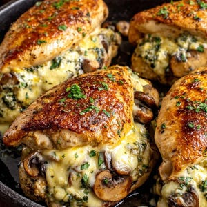 May include: Close-up of several stuffed chicken breasts in a dark pan. The chicken is golden brown, filled with a creamy mixture, mushrooms, and herbs. The dish is garnished with fresh parsley.