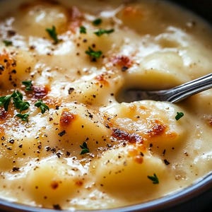 Könnte beinhalten: Nahaufnahme einer Schüssel mit cremigen, käsebedeckten Gnocchi. Die Gnocchi sind goldbraun und mit schwarzem Pfeffer und grünen Kräutern bestreut. Ein silberner Löffel ist teilweise sichtbar.