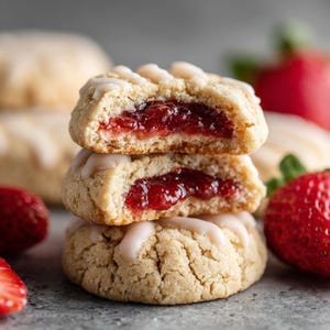 May include: A stack of three strawberry-filled cookies with white icing drizzle. The cookies are light brown with a visible texture, and the filling is a vibrant red. Fresh strawberries are visible in the background, suggesting a fresh baked treat.