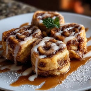 Könnte beinhalten: Vier Zimtschnecken auf einem weißen Teller, beträufelt mit weißem Zuckerguss und Karamellsauce. Ein Minzzweig liegt auf einer Rolle. Die Brötchen sind goldbraun mit sichtbaren Zimtwirbeln, ein süßer Genuss.