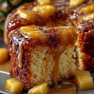 Può includere: Una fetta di torta rovesciata all'ananas su un piatto grigio. La torta ha una crosta dorata, ricoperta da ananas caramellata e una ricca salsa al caramello. Pezzi di ananas a cubetti circondano la fetta. Un dessert.