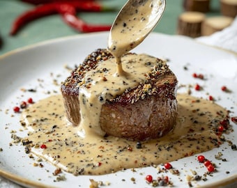 Recept voor biefstuk met pepersaus (PDF) – Biefstuk in restaurantstijl – Eenvoudig gastronomisch biefstukrecept – Romige pepersaus – Direct te downloaden