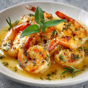 May include: A plate of cooked prawns with a golden-brown hue, garnished with fresh herbs and served in a light sauce. The prawns are arranged on a white plate, with sprigs of green herbs adding colour and freshness to the dish.