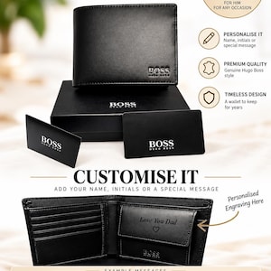 May include: A black leather Hugo Boss bi-fold wallet with a metal logo plate. The wallet is shown closed on a black box and open, revealing card slots and a coin pocket with the engraved text Love You Dad and a heart symbol inside.