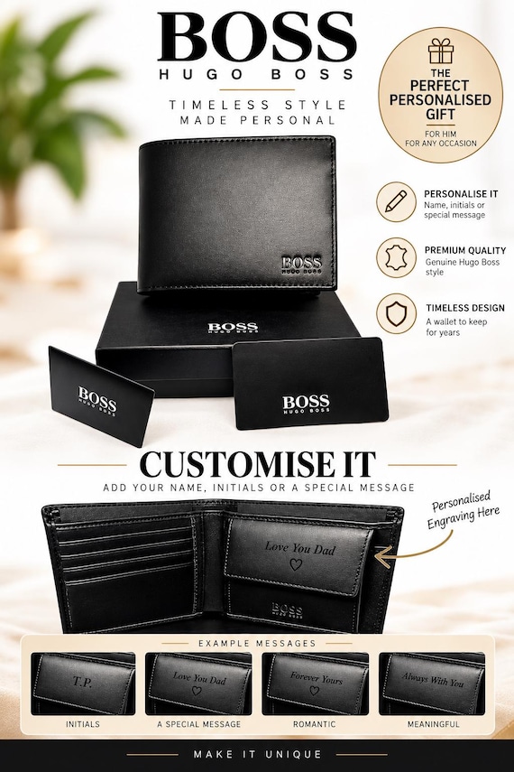 Hugo Boss Personalised Black Leather Asolo Coin Pocket Wallet Men With Gift Box