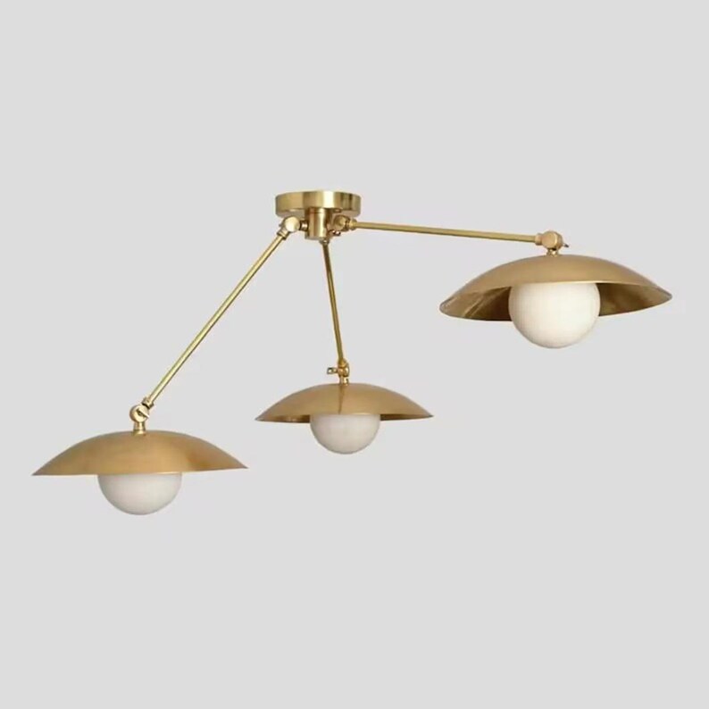Mid Century Modern Brass Bowl Chandelier: Ceiling Light With Opal ...