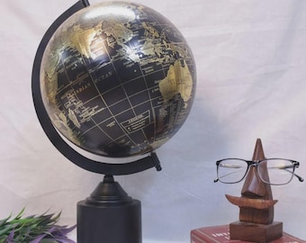 Vintage Black & Gold World Globe, Iron Desk Decor, 18 Inch