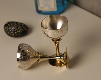 Handcrafted Round Silver & Brass Wine Goblets – Set of 2