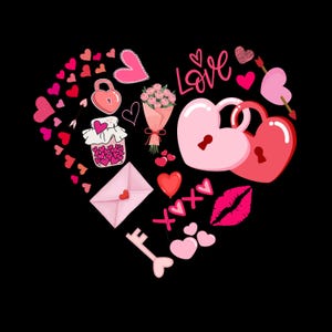 Puede incluir: Una composición en forma de corazón sobre un fondo negro, con ilustraciones del Día de San Valentín. La imagen incluye corazones rosas y rojos, un ramo de rosas, candados en forma de corazón, un sobre, una llave y la palabra "Love".