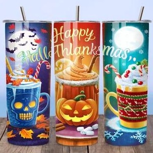 Happy Hallothanksmas Coffee 20oz Skinny Tumbler, Spooky Vibes, Fall Pumpkin Png, Thanksgiving Png, Christmas 20oz Tumbler PNG Sublimations