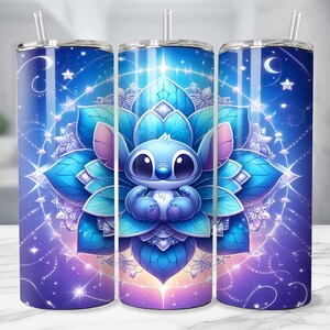 May include: Three stainless steel tumblers with a celestial design featuring a blue cartoon character inside a lotus flower. The tumblers have a blue and purple gradient background with stars and a crescent moon.