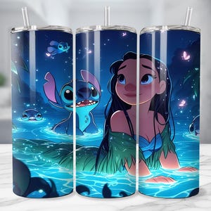 May include: Three stainless steel tumblers with a cartoon illustration of a character in a blue water scene with Stitch and a woman. Each tumbler has a clear straw and a blue and white design.