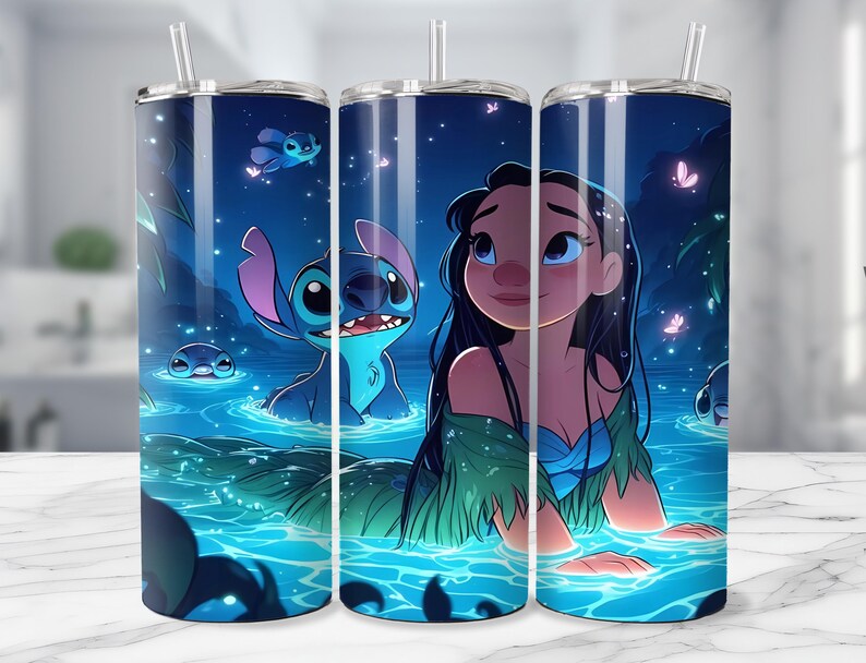 May include: Three stainless steel tumblers with a cartoon illustration of a character in a blue water scene with Stitch and a woman. Each tumbler has a clear straw and a blue and white design.