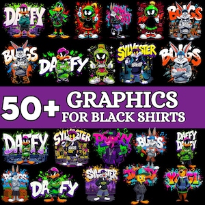 May include: A collection of cartoon character graphics, including Daffy Duck, Bugs Bunny, and Sylvester, with graffiti-style backgrounds. The text "50+ GRAPHICS FOR BLACK SHIRTS" is displayed in a purple banner.