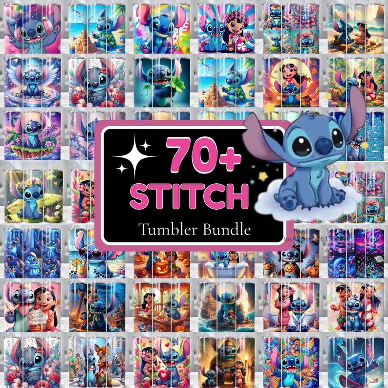 Puede incluir: Una colecci&oacute;n de dise&ntilde;os de vasos con el personaje Stitch de Lilo & Stitch. Los vasos muestran varias escenas e ilustraciones de Stitch, con el texto "70+ STITCH Tumbler Bundle" sobre un fondo negro.