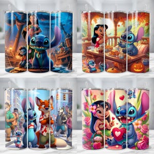 Puede incluir: Cuatro vasos de acero inoxidable con varios dise&ntilde;os de dibujos animados coloridos. Los dise&ntilde;os presentan personajes de la pel&iacute;cula animada Lilo & Stitch, incluyendo a Stitch y Lilo, en diferentes escenas. Cada vaso tiene una pajita transparente.