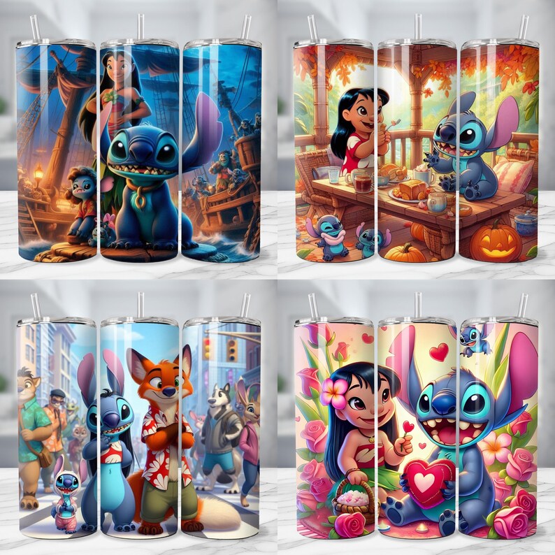 Puede incluir: Cuatro vasos de acero inoxidable con varios dise&ntilde;os de dibujos animados coloridos. Los dise&ntilde;os presentan personajes de la pel&iacute;cula animada Lilo & Stitch, incluyendo a Stitch y Lilo, en diferentes escenas. Cada vaso tiene una pajita transparente.