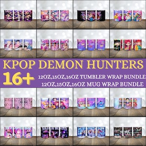 May include: A collection of KPOP-themed mugs and tumblers with various designs. The image includes the text "KPOP DEMON HUNTERS" and "16+". The available sizes are 12oz, 15oz, and 16oz. The products are a mug and tumbler wrap bundle.