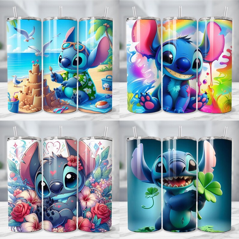 Puede incluir: Cuatro vasos de acero inoxidable con el personaje Stitch de Lilo & Stitch. Cada vaso tiene un dise&ntilde;o diferente, incluyendo a Stitch en la playa, con un arco&iacute;ris, rodeado de flores y sosteniendo un tr&eacute;bol de cuatro hojas. Cada vaso tiene una pajita.