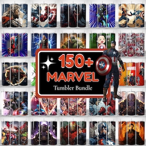 May include: A collection of Marvel-themed tumblers, each featuring a different superhero or villain. The tumblers are cylindrical and decorated with vibrant character art. A sign reads "150+ Marvel Tumbler Bundle."