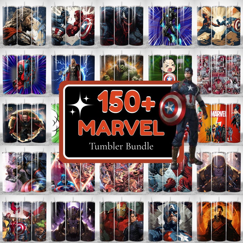 May include: A collection of Marvel-themed tumblers, each featuring a different superhero or villain. The tumblers are cylindrical and decorated with vibrant character art. A sign reads "150+ Marvel Tumbler Bundle."